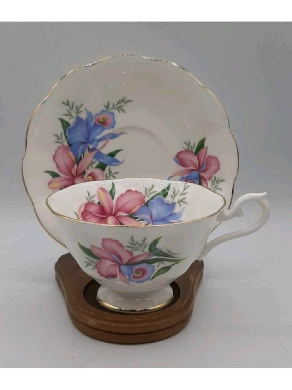 Vintage Royal Albert Orchid Bone China Tea Cup and Saucer Pink and Blue England